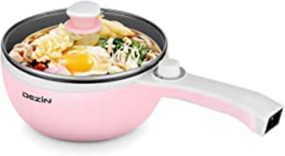 Dezin Electric Hot Pot Upgraded, Non-Stick Sauté Pan, 1.5L Mini Electric Fondue Pot for Cheese, Stir Fry, Roast, Steam with Power Adjustment, Perfect for Ramen, Steak, Pink (Egg Rack Included) - Pink