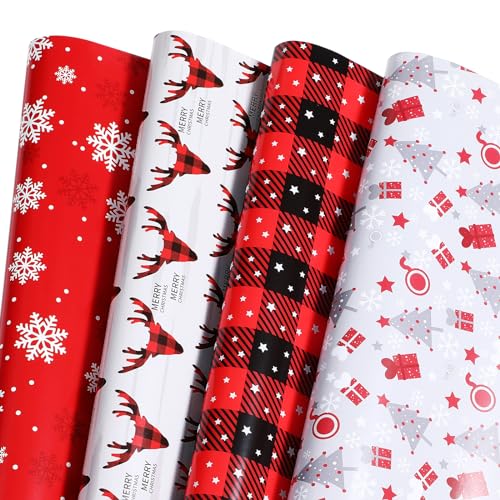 Ulmasinn Christmas Wrapping Paper Holiday Woodland Gift Scene with Christmas Tree, Snowflakes, Plaid, Reindeer, Flat 8 Sheets 20 X 29 Inches Each - Christmas Red