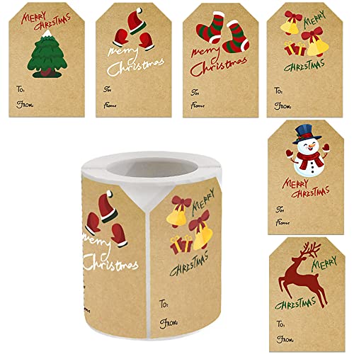 Sticky Christmas Tags Stickers for Gifts Wrappings, 250PCS Kraft Christmas Stickers Labels Self Adhesive Christmas Gift Tags Sticker for Presents Boxes Bags Envelopes Decoration, 2 x 3 Inch