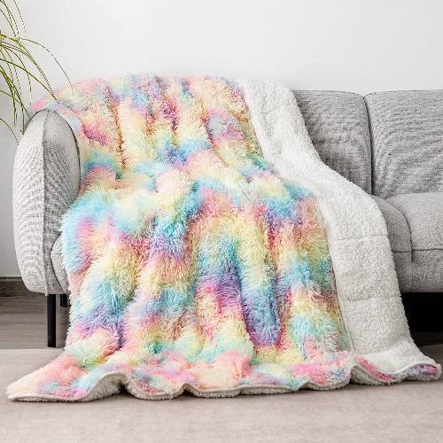 Faux Fur Weighted Blanket 15 lbs for Adult 48x72 Inches, Cottonblue Plush Shaggy Fluffy Throw Blanket Twin ​Size, Cozy Warm Furry Weighted Blanket for Couch Sofa Chair Home Decor, Rainbow - 48 x 72 15 lb Colorful