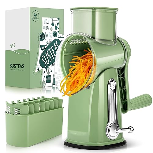 SUSTEAS Rotary Cheese Grater with Handle - Vegetable Shredder with 5 Well-designed Blades & Strong Suction Base,Round Mandoline Slicer & Food Chopper for Kitchen,with Blade Storage Box(Retro Green) - Green