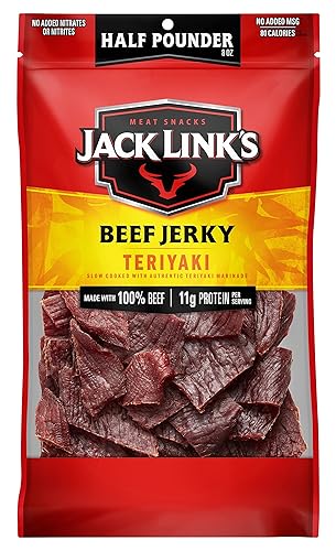Jack Link's Beef Jerky, Teriyaki, ½ Pounder Bag - Flavorful Meat Snack, 11g of Protein and 80 Calories, Made with Premium Beef, Perfect Hunting Trip Snacks - 96 Percent Fat Free, No Added MSG - Teriyaki