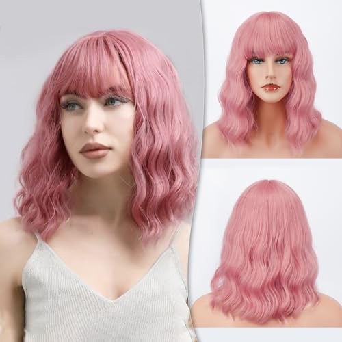 BARSDAR Pastel Wavy Wig Fluffy Lovely Curly Wigs with Bangs 14 Inches Soft Heat Resistant Synthetic Hair Shoulder Length Cosplay Party Wig with Free Wig Cap for Women/Girl- Pink - Pink