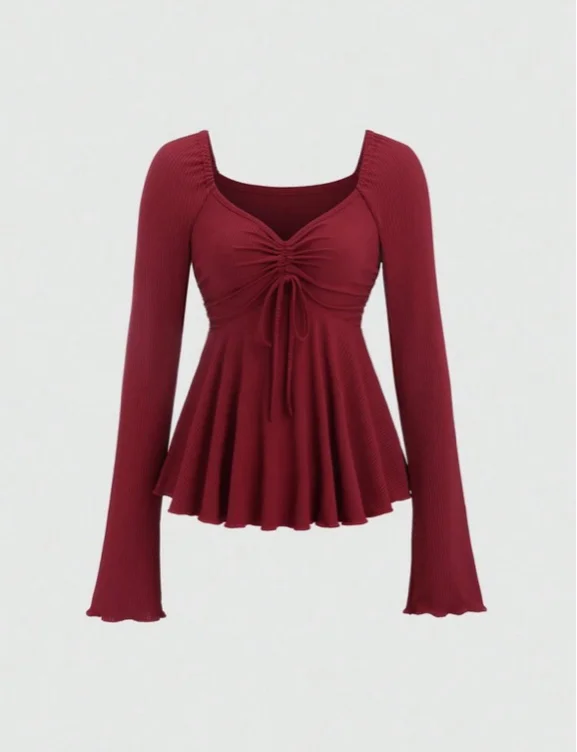 Sweetra Women's Red V-Neck Drawstring Long Sleeve T-Shirt, Sweet Vintage Style For Autumn