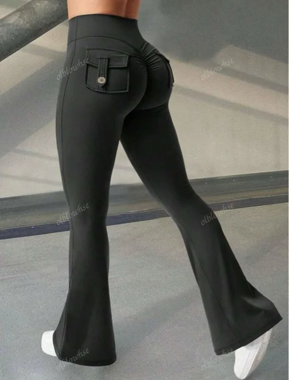 Y2K Wide Waistband High Stretch Pocket Scrunch Butt Booty Workout Lifting Athletic Gym Flare Leg Leggings Cargo Pants