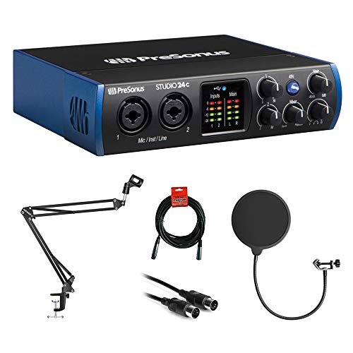 PreSonus Studio 24c 2x2 USB Type-C Audio/MIDI Interface with Kellopy Pop Filter, Mic Boom Scissor Arm Stand, 10ft MIDI Cable & XLR Cable Bundle