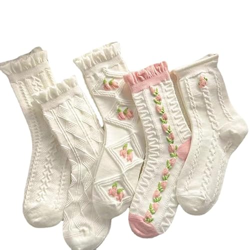 5 Pairs White Cute Socks, Women's Lace Ruffles Ankle Casual Sock, Cottagecore Breathable Mid Tube Socks, Floral Crew Socks - One Size - White