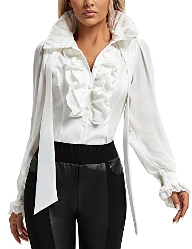 SUPLEAP Women Victorian Renaissance Pirate Shirt Gothic Vampire Medieval Tops - Large - White