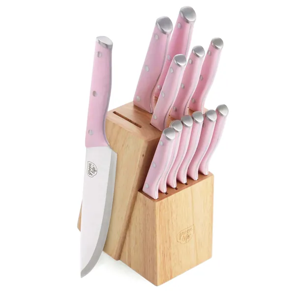 GreenLife High Carbon Stainless Steel 13 Piece Wood Knife Block Set with Chef Steak Knives and more, Comfort Grip Handles, Triple Rivet Cutlery, Soft Pink - 13 Piece Knife Block Set Pink