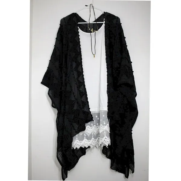 Kimono Duster Black Luxurious Pompom Boho Pattern