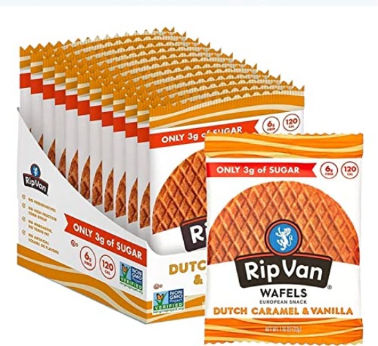 Rip Van WAFELS Dutch Caramel & Vanilla Stroopwafels, Healthy Non GMO, Low Calorie / Sugar Office Snacks, Keto Friendly, (3g), 12 Count (Packaging May Vary) - Dutch Caramel & Vanilla - 1.16 Ounce (Pack of 12)