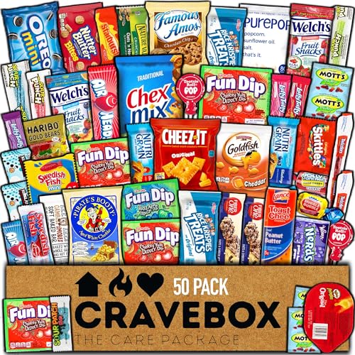 CRAVEBOX Snack Box Variety Pack Care Package (50 Count) Christmas Treats Gift Basket Boxes Pack Adults Kids Grandkids Guys Girls Women Men Boyfriend Candy Birthday Cookies Chips Teenage Mix College Student Food Sampler Office School