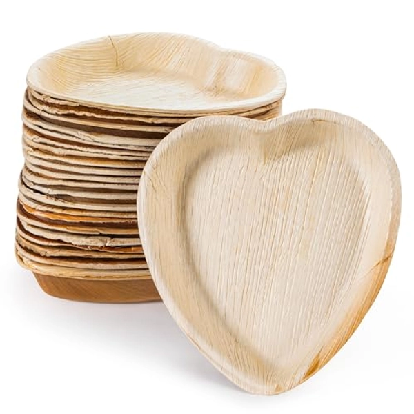 brheez Palm Leaf Disposable Bamboo Style 7" Heart Shaped Bowls [25 Bowls] Natural Color - Elegant Sturdy - Biodegradable and Compostable