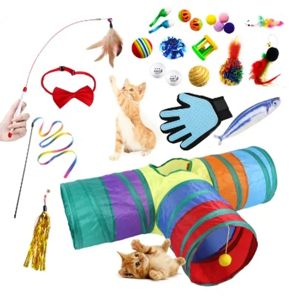 SCL (25 pcs) Cat Toys Kitten Toys Assorted, Cat Tunnel Teaser Wand Catnip Fish Column Bell Fur Mice Fuzzy Balls Spring Toy for Cat and Puppy Kitty