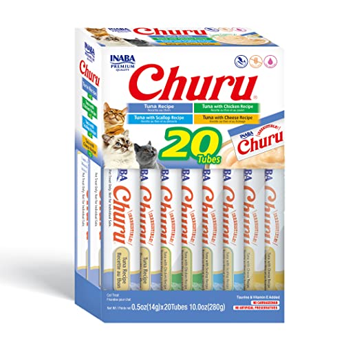 INABA Churu Cat Treats, Grain-Free, Lickable, Squeezable Creamy Purée Cat Treat/Topper with Vitamin E & Taurine, 0.5 Ounces Each Tube, 20 Tubes, Tuna Variety Box - Tuna Variety Box