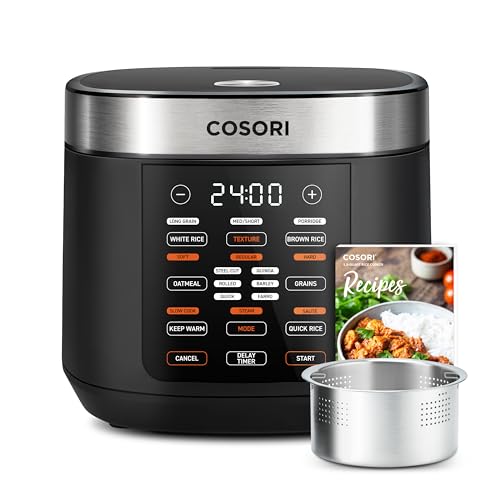 COSORI 18 Functions Rice Cooker, 24h Keep Warm & Timer, 10 cup Uncooked Rice Maker with Stainless Steel Steamer, Sauté, Slow Cooker, Fuzzy Logic Technology, Black, Mothers Day Gifts - Rice Cooker