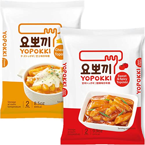 Yopokki Instant Tteokbokki Pack (Sweet & Mild Spicy and Cheese, Pack of 2) Korean Street food with sweet & moderately spicy and cheese sauce Topokki Rice Cake - Quick & Easy to Prepare - 2combo