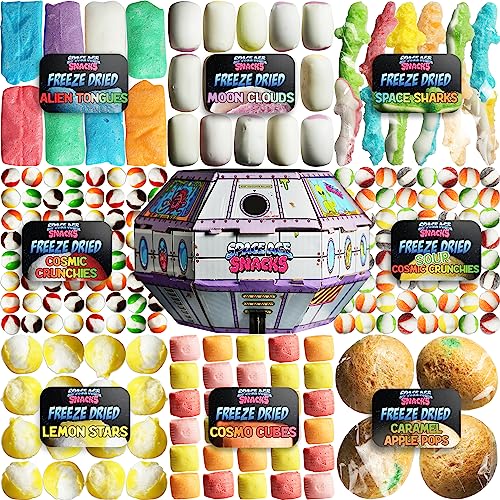 The UFO Pack- Premium Freeze Dried Candy Variety Pack with 9 Kinds of Freeze Dried Candy - Cosmic Crunchies, Sour Cosmic Crunchies, Moon Clouds, Space Sharks, Alien Tongues, Lemon Stars and More