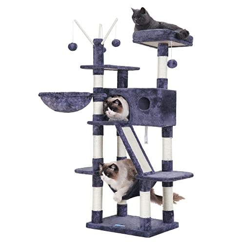 Hey-brother Cat Tree, 61 inch Cat Tower for Indoor Cats, Cat House with Padded Platform Bed, Toy Balls, Large Cozy Condo, Hammocks and Sisal Scratching Posts, Smoky Gray MPJ019G - 19.7 inches - Smoky Gray