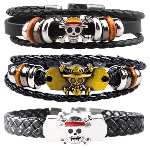 Nuahyaz Anime Leather Bracelets | Straw Hat Regiment Skull - Punk Alloy Cuff Wristband, Cosplay Jewelry Gift for OP Fans (3Pcs)
