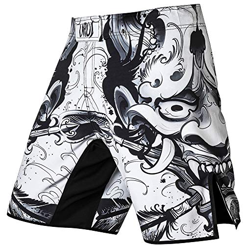 LAFROI Mens MMA Cross Training Boxing Shorts Trunks Fight Wear with Drawstring and Pocket-QJK01 - Hannya - Large