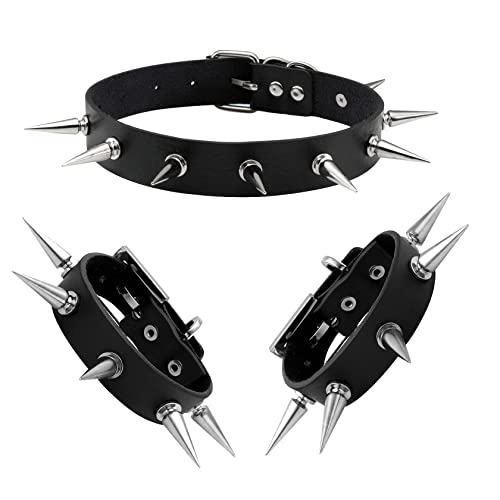 Manfnee Leather Studded Spike Bracelet Choker Punk Gothic Metal Rivet Cuff Bangle Black Wristband - D: 2pack Bracelet+1 Choker