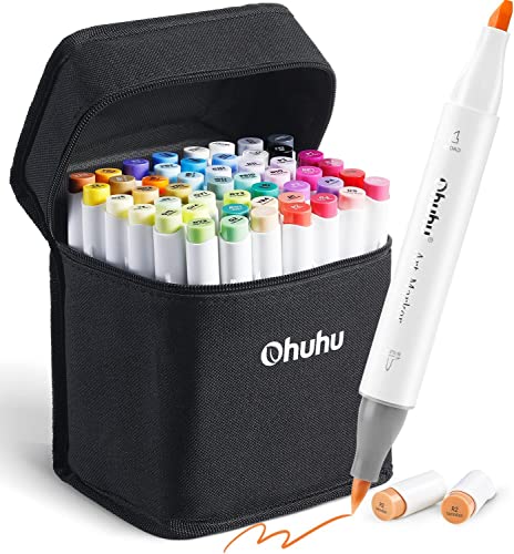 Ohuhu Alcohol Brush Markers, Double Tipped (Brush & Chisel) Sketch Markers for Kids, Artist Art Markers, Adult Coloring and Illustration, Bonus 1 Colorless Alcohol Marker Blender (48-color) - Chisel & Brush