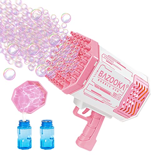Bubble Machine Guns, Bubble Guns with Light, Bubble Solution, 69 Holes Bubbles Machine for Kids Adults, Summer Toy Gift for Outdoor Indoor Birthday Wedding Party - Pink Bubble Makers - Pink