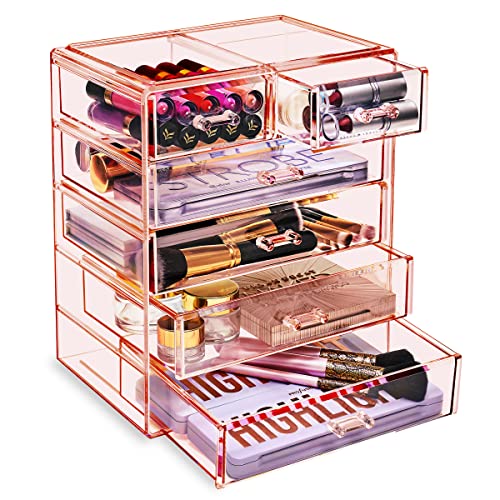 Sorbus Acrylic Makeup Organizer - Organization and Storage Case for Cosmetics Make Up & Jewelry - Big Clear Makeup Organizer for Vanity, Bathroom, College Dorm, Closet, Desk (4 Large, 2 Small Drawers) - 4 Large, 2 Small Drawers - Pink