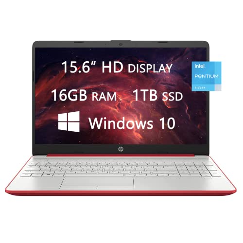 HP 2022 Newest Laptops, 15.6 inch HD Computer, Intel Pentium Silver N5030, 16GB RAM, 1TB SSD, 1-Year Office 365, Ethernet, Webcam, Wi-Fi, Bluetooth, Fast Charge, Windows 10, LIONEYE HDMI Cable - 16GB RAM| 1TB SSD - Red