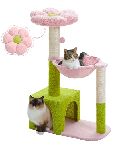 MUTTROS Flower Cat Tree with Large Metal Frame Hammock, 35" Cute Cat Tower with Sisal Scratching Posts for Small Indoor Cats, Cat Condo with Pink Top Perch for Kittens, Pink - 35" Upgraded Flower Cat Tree - Pink