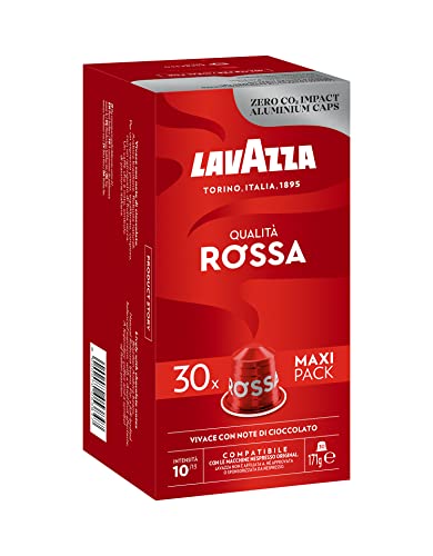 Lavazza, Qualità Rossa, 30 Aluminium Capsules Compatible with Nespresso Original Machines, with Chocolate and Dried Fruit Notes, Arabica and Robusta, Intensity 10/13, Medium Roasting, Zero CO2 Impact - Coffee, Unflavoured - 30 Count (Pack of 1)