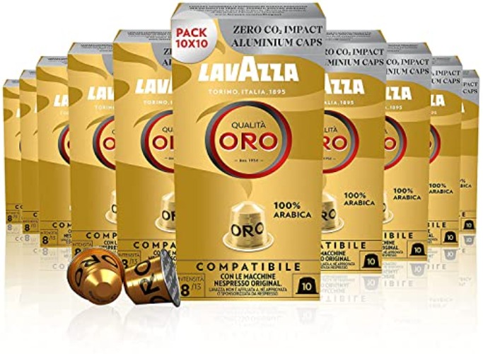 Lavazza, Qualità Oro, Nespresso Compatible Aluminium Capsules, Zero CO2 Impact, 10 Packs of 10 Capsules - Coffee, Original - 10 Count (Pack of 10)