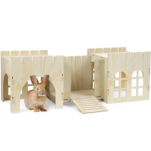 Navaris Rabbit Castle - Wooden Hideaway Playhouse for Bunny - MDF & Pine Wood Rabbit Toy House - Hideout Fort - 44-7/8 x 15-3/4 x 15-1/8" (114 x 40 x 38.5 cm) - 44.9x15.7x38.5"
