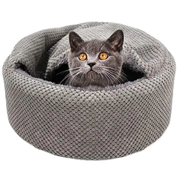 Winsterch Washable Warming Cat Bed House,Round Soft Cat Beds,Calming Pet Sofa Kitten Bed, Small Cat Pet Covered Cat Cave Beds (Gray)