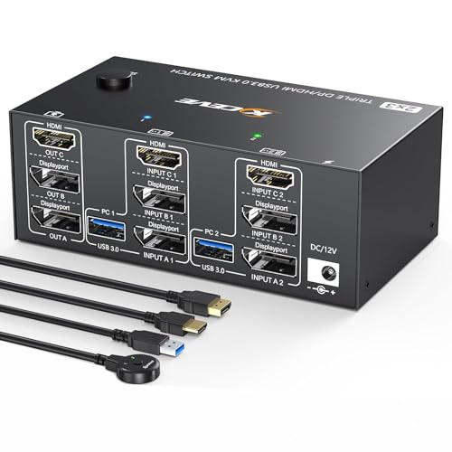 USB 3.0 HDMI + 2 DisplayPort KVM Switch 3 Monitors, 8K@30Hz/4k@144Hz Triple Monitor KVM Switch for 2 Computer Share 3 Display and 4 USB 3.0 Devices. Wired Remote and USB Cables Included - 2 x 3 HDMI + DP interface USB 3.0