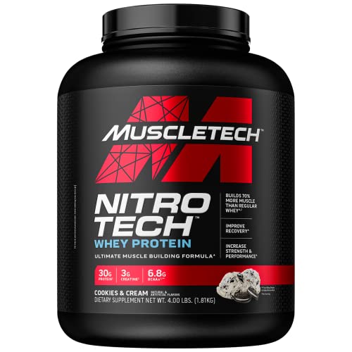 Whey Protein Powder|MuscleTech Nitro-Tech Whey Protein Isolate & Peptides|Protein + Creatine for Muscle Gain | Muscle Builder for Men & Women | Sports Nutrition | Cookies and Cream, 4lb (40 Servings) - Cookies and Cream - 4 Pound (Pack of 1)