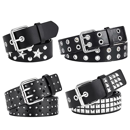 SHANDERBAR 4 Pieces Studded Belt Set,Black Faux Leather Gothic Goth Belt for Women Men,Punk Rivet Belts with Star,Stud,Spiked,Double Grommet, Black, 43*1.5INCH
