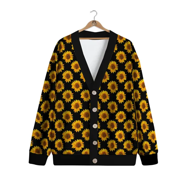 Sunflower Black Autumn Print Pattern Cardigan | XL