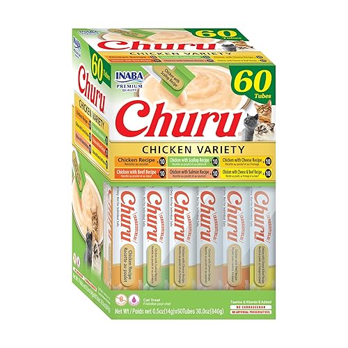 INABA Churu Cat Treats, Grain-Free, Lickable, Squeezable Creamy Purée Cat Treat/Topper, 60 Servings, Chicken Variety Box - Chicken Variety - 0.5 Ounce (Pack of 60)