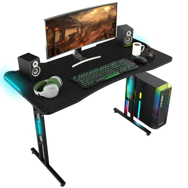 Ergonomic Gaming Desk - 47 Inch Computer Desk with RGB LED Lights, Home Office Workstation Desktop, Large T-Shaped Racing Style Corner Table for Gamer Room, Bedroom, Study - Black 47 Inch
