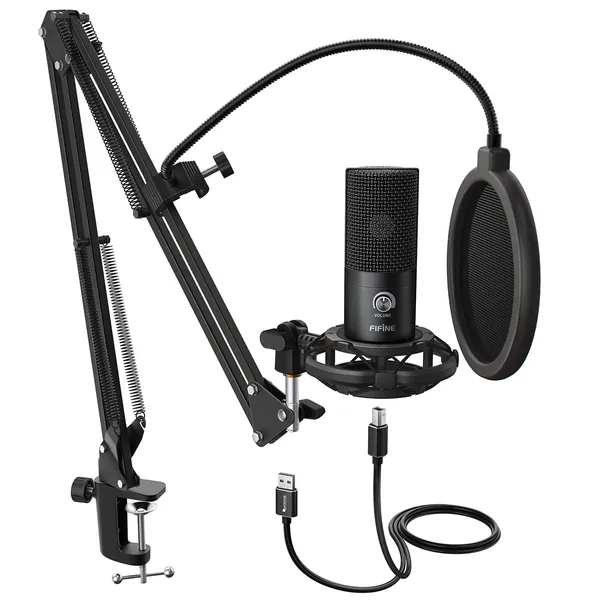 FIFINE Studio Condenser USB Microphone Computer PC Microphone Kit with Adjustable Scissor Arm Stand Shock Mount for Instruments Voice Overs Recording Podcasting YouTube Karaoke Gaming Streaming-T669 - 