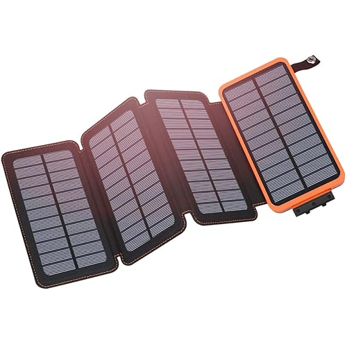 Hiluckey Solar Charger 25000mAh, Outdoor USB C Portable Power Bank with 4 Solar Panels, 3A Fast Charge External Battery Pack with 3 USB Outputs Compatible with Smartphones, Tablets, etc. - Orange