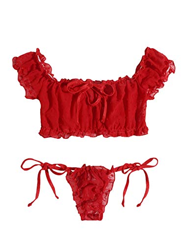 SheIn Women's Self Tie Ruffle Trim Dobby Mesh Lingerie Set Sexy Bra and Panty - Medium - Pure Red