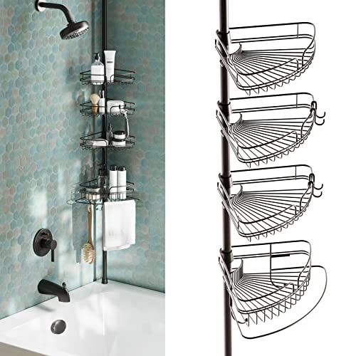 Zenna Home Rust-Resistant Corner Shower Caddy for Bathroom, 4 Adjustable Shelves with Towel Bar and Hooks, with Tension Pole, for Bath and Shower Storage, 60-97 Inch, Bronze - Bronze