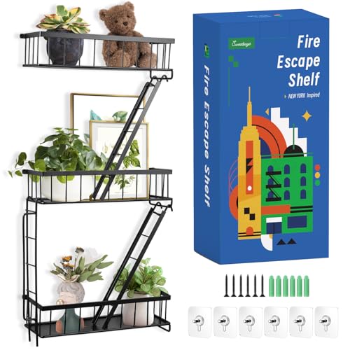 SweetSage Fire Escape Wall Shelf - New York Decorative Ladder Shelf, Wall Art Floating Shelf Black Metal Shelves for Bedroom, Home Office Storage and Display (3-Tier) - Black