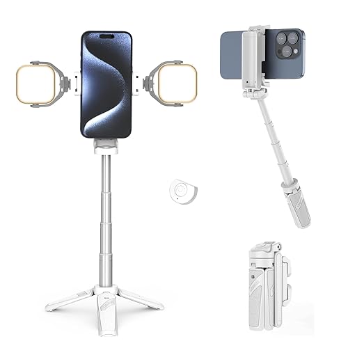 ULANZI JJ02 Selfie Stick Tripod, Extendable Grip Phone Tripod w Detachable Remote Pocket Size, 3-in-1 Mini Phone Grip 2 Cold Shoe, 10m/393.7'' Wireless Shutter, Vlog Livestreaming Photography(White) - White