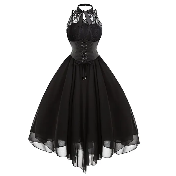 Women's Sleeveless Gothic Dress with Corset Halter Lace Swing Cocktail Dress Formal Halloween Punk Hippie Dresses - X-Large Black