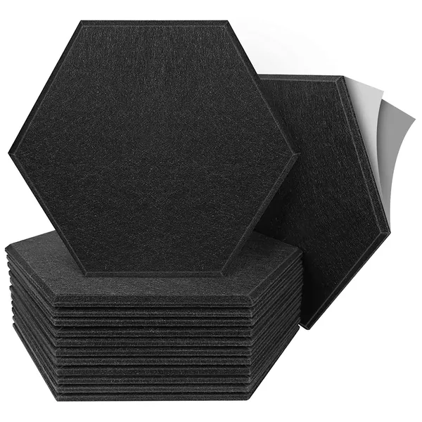 12 Pack Self-adhesive Hexagon Acoustic Panels Beveled Sound Proof Foam Panels, 12"X12"X 0.45" High Density Sound Proofing Padding for Wall, Acoustic Treatment for Studio, Home and Office (Dark Black) - Hexagon Dark Black