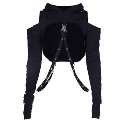 Women Gothic Punk Hoodies Bandage Crop Tops Long Sleeve Pullover Sweatshirt for Rave Festivals Streetwear - Large Black 3